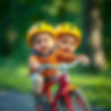 Twin babies enjoying a ride on their bicycle