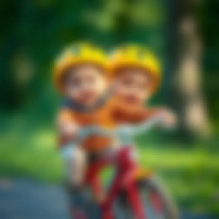 Twin babies enjoying a ride on their bicycle