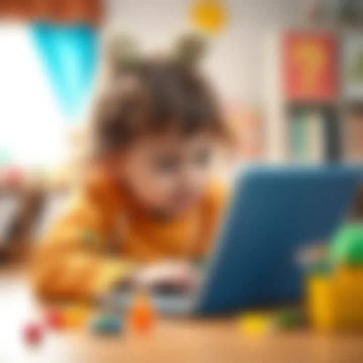 A child focused on a colorful laptop, engaged in a learning activity