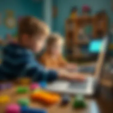 A scene depicting children enjoying interactive games on their laptops