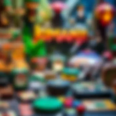 A vibrant display of Jumanji game components