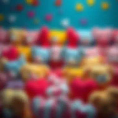 Various heart-shaped teddy bears in a colorful display