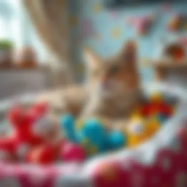 A cozy cat bed adorned with toys