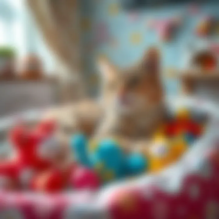 A cozy cat bed adorned with toys