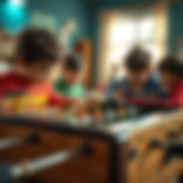 Children engaging with a foosball game, illustrating the social interactions and teamwork involved.