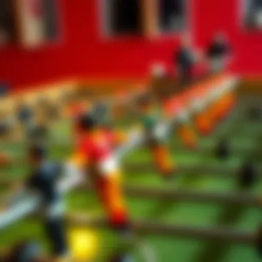 A close-up of foosball rods and players, emphasizing the mechanics and precision of the game.