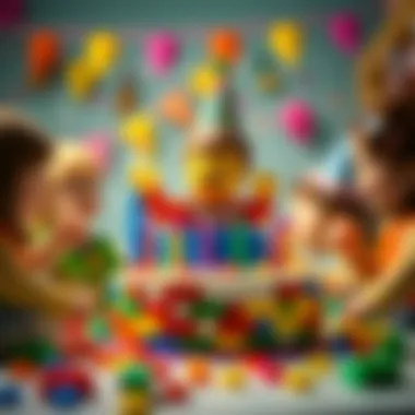 Children celebrating around a Lego birthday cake