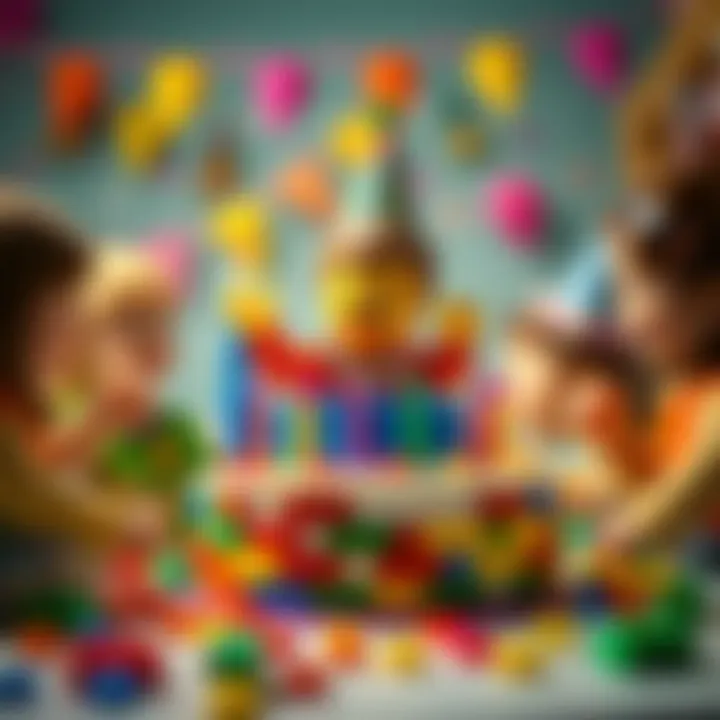 Children celebrating around a Lego birthday cake