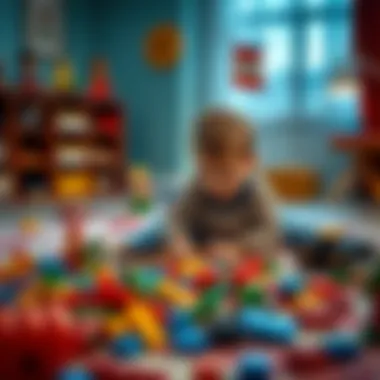 Child playing on a Lego rug, fostering creativity
