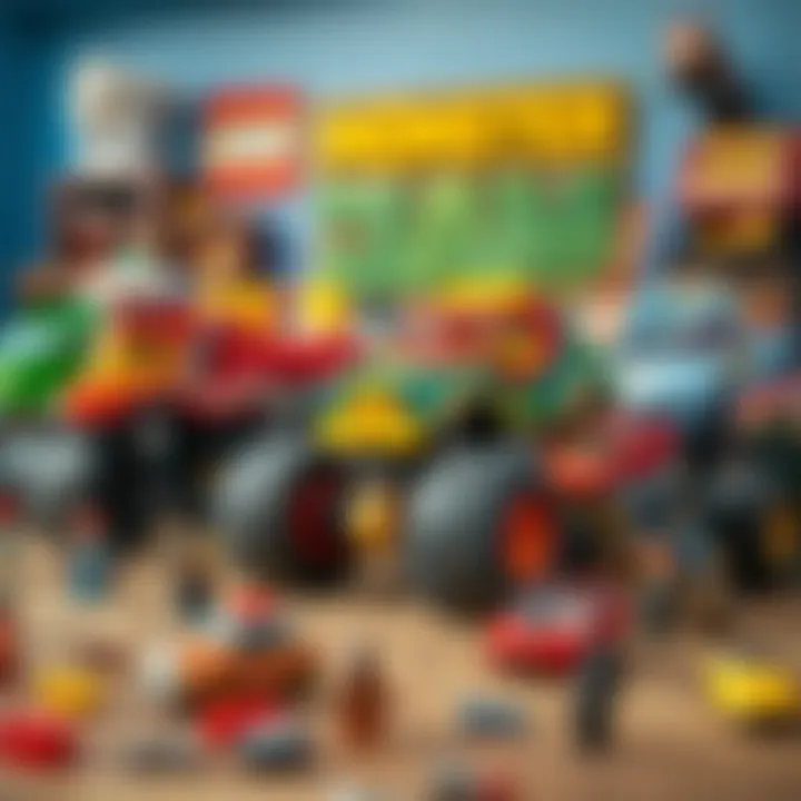 Diverse Range of Vehicles in Lego Monster Jam A display of various Lego Monster Jam vehicles