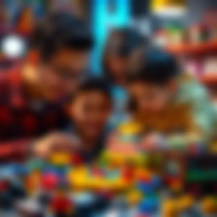 Parents and children collaborating on a Lego project