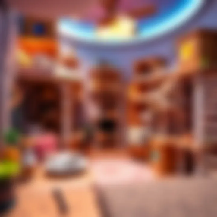 A detailed interior view of a luxurious multi-level cat house with integrated play areas