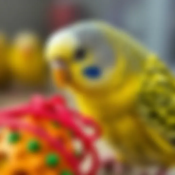 Budgerigar exploring a new toy