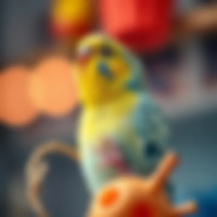A happy budgerigar playing with a toy