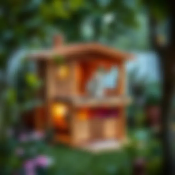 An outdoor multi-level cat house integrated into a garden setting