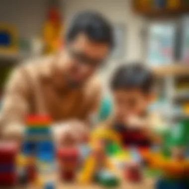 A parent and child collaborating on a Lego project, enhancing learning
