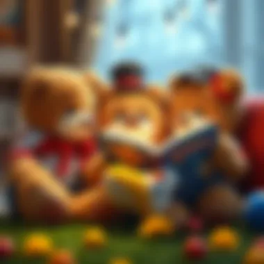 A parent reading a story to a child with Galatasaray teddy bears by their side.