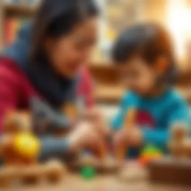 Parent guiding child in using wooden tongs for skill development
