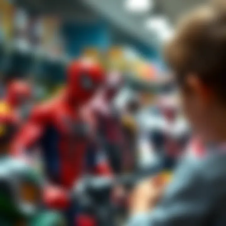 Choosing Spiderman Figures for Development A parent selecting Spiderman figures for child development