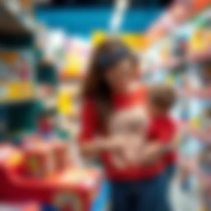 A parent selecting a toybox in a store.