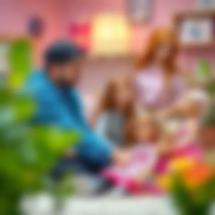 Building Bonds: Parents and Children with Barbie Parents interacting with their children while playing with Barbie dolls.