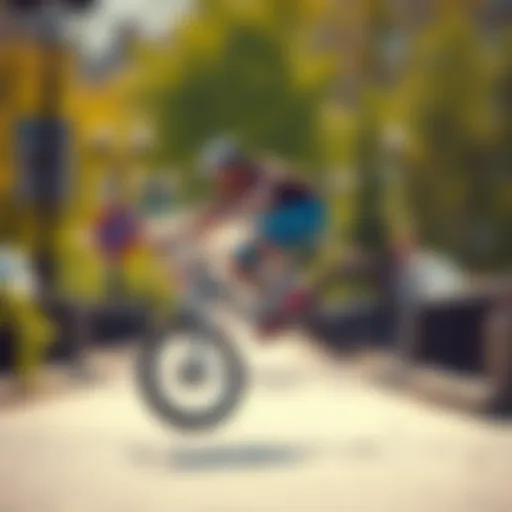 Challenging Parkour Move on a Bike A cyclist executing a challenging parkour move on a bike