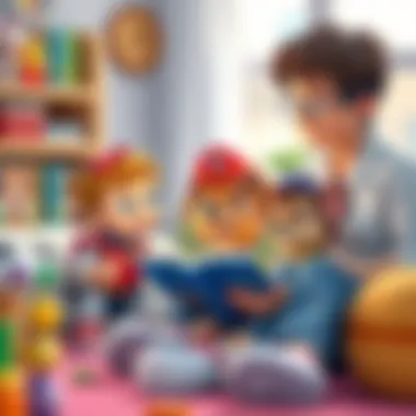 Parents Sharing Paw Patrol Stories with Children Illustration depicting parents reading Paw Patrol books with their kids