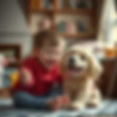 Joyful Companionship A young child interacting joyfully with a fluffy dog