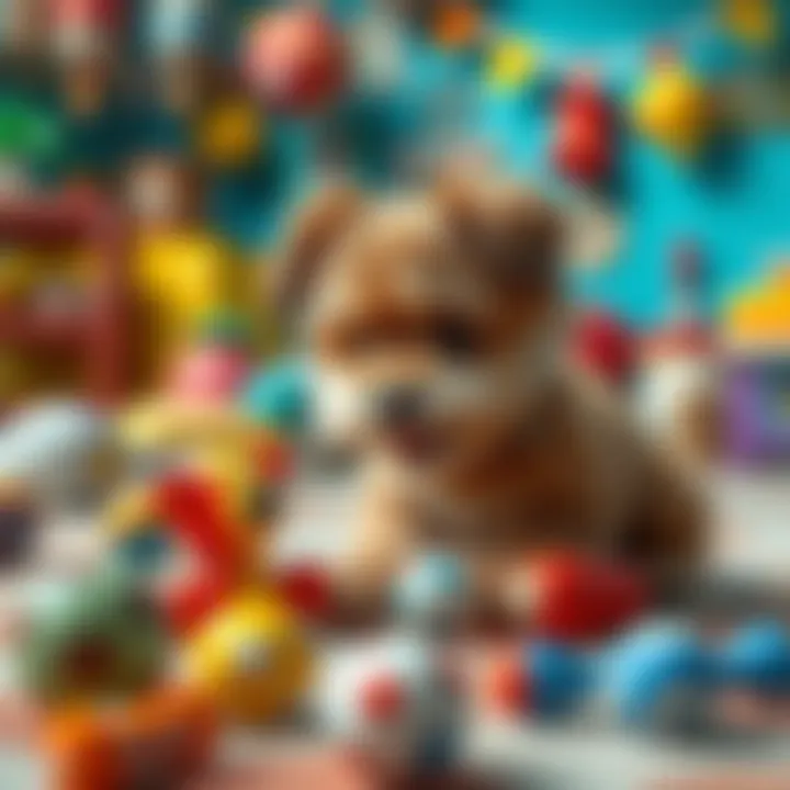 Playtime Adventures Fluffy dog playing with toys in a vibrant setting