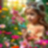 A child holding a princess wand in a garden setting, full of vibrant flowers and greenery