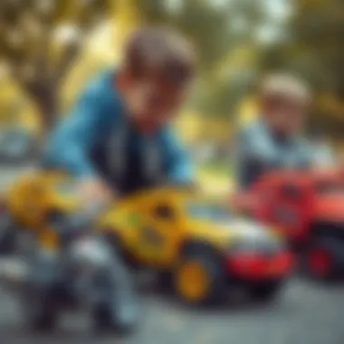 Children playing with toy racing trucks in a park