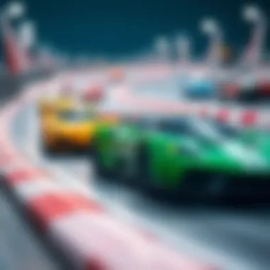 A vibrant remote-controlled racing track with cars in action