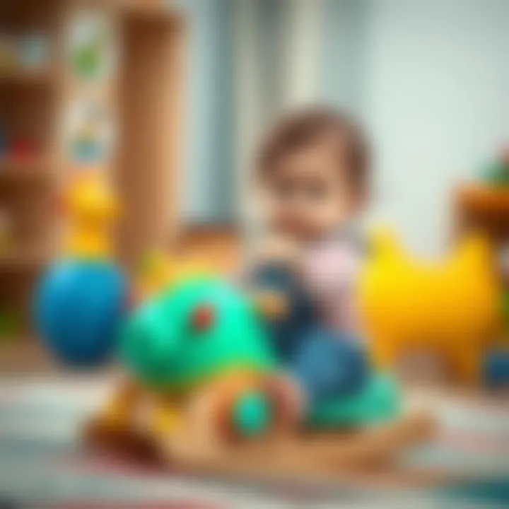 A child developing motor skills while playing on a rocking toy.