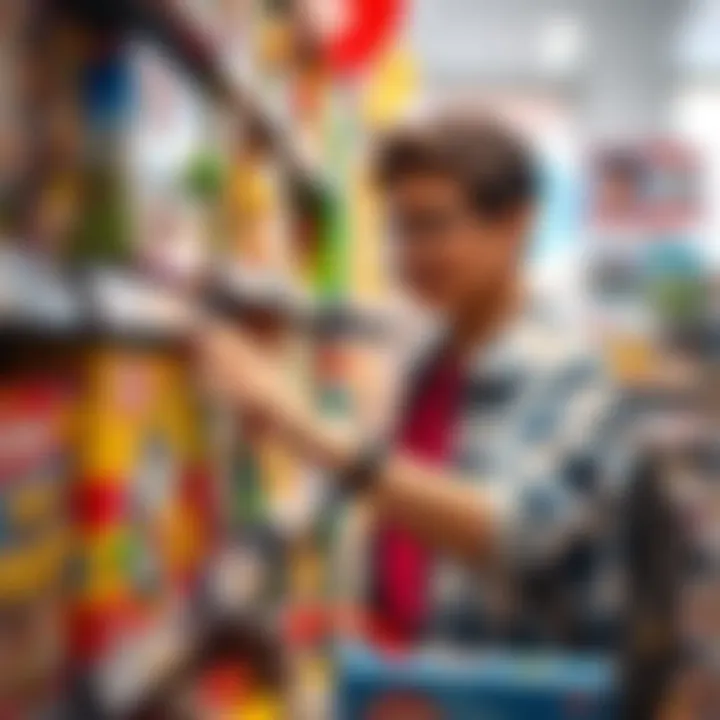 A parent selecting set games from a shelf