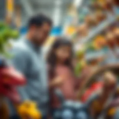 A family selecting dinosaur toys in a store aisle