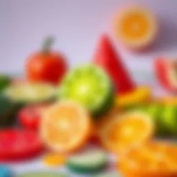 Colorful sliced fruit toys arranged on a play mat