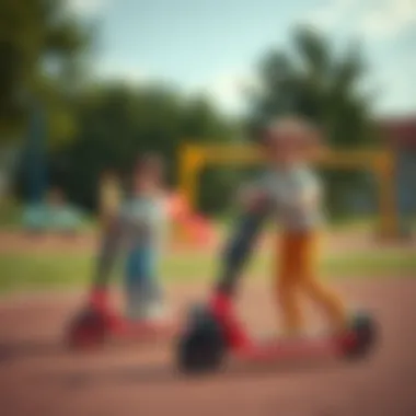 Happy kids playing with Spider scooters in a playground