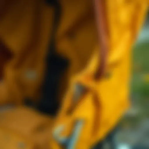 A close-up view of a stroller with worn fabric.
