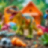 A vibrant T Rex toy in an imaginative play setting