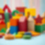 Colorful wooden blocks arranged in various shapes