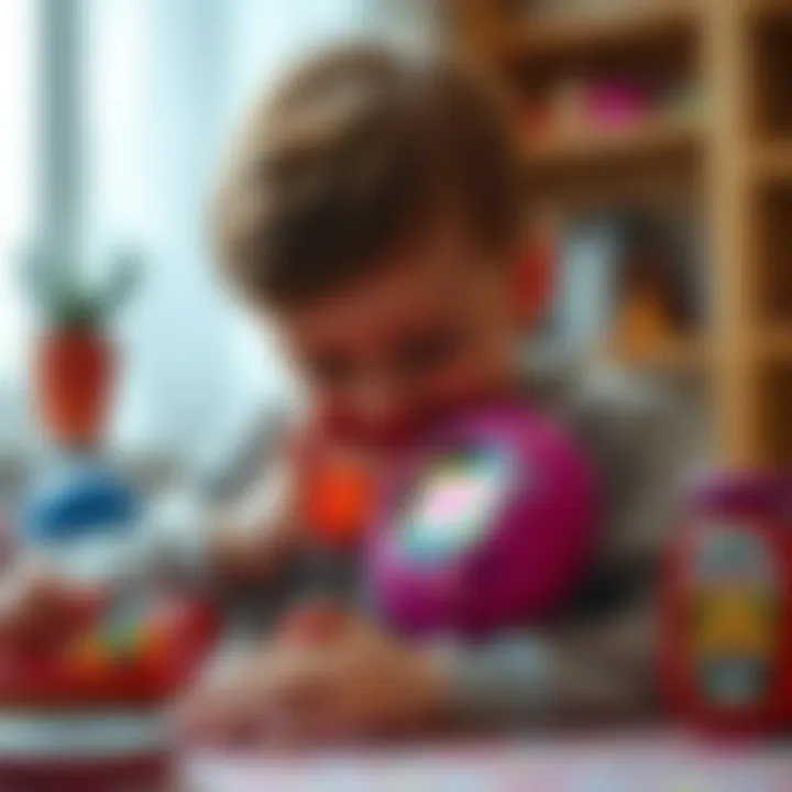 A child interacting with a Tamagotchi, displaying care and affection