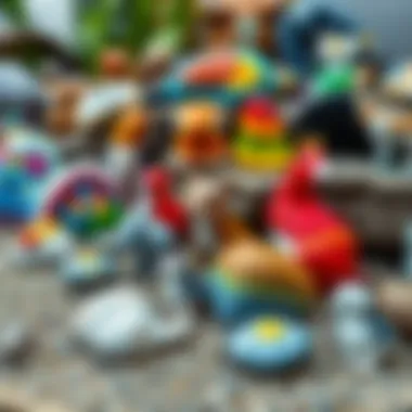 Showcase of Artistic Animal Rocks A collection of beautifully painted animal rocks displayed outdoors