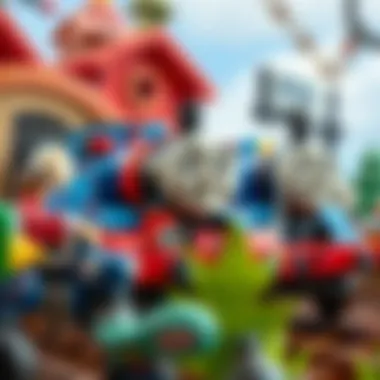 A colorful scene showing teamwork among Thomas and Friends characters