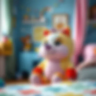 A colorful tospik plush toy in a child's bedroom