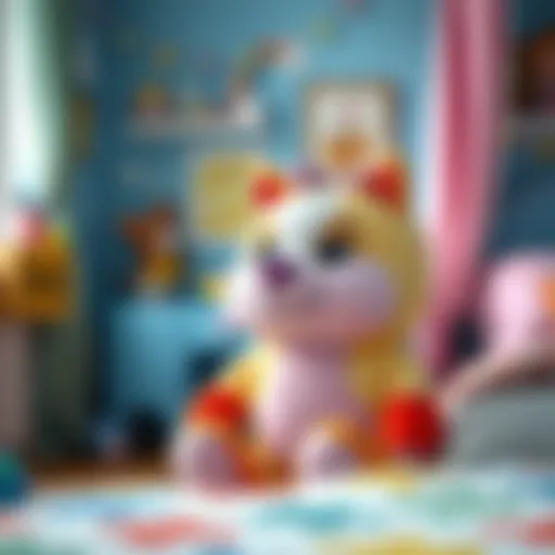 A colorful tospik plush toy in a child's bedroom