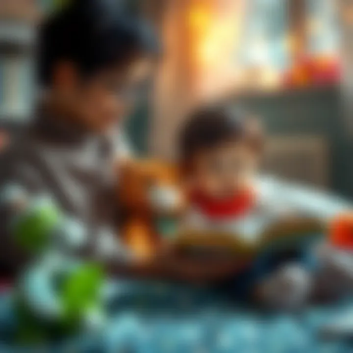 A parent reading to a child with a tospik plush by their side