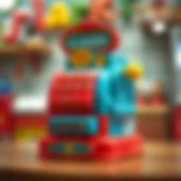 A colorful toy cash register designed for children.