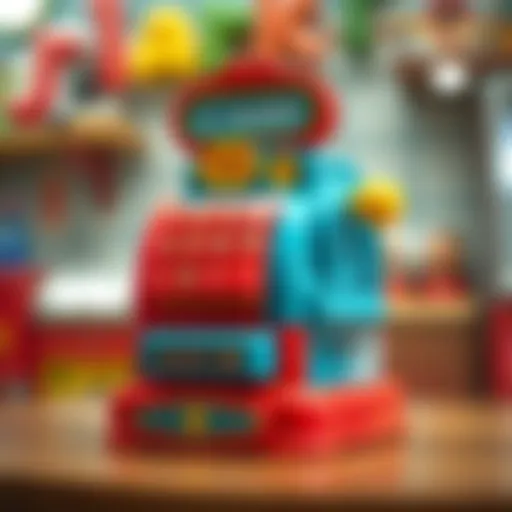 A colorful toy cash register designed for children.