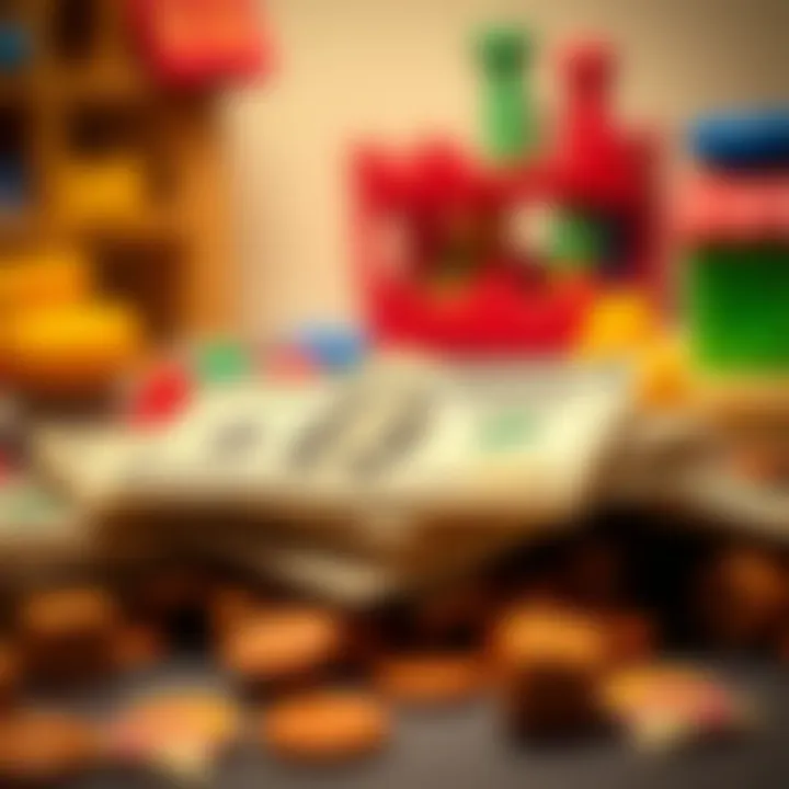A close-up of toy currency used in educational play.