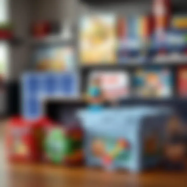 Different brands of toyboxes displayed with varying sizes.